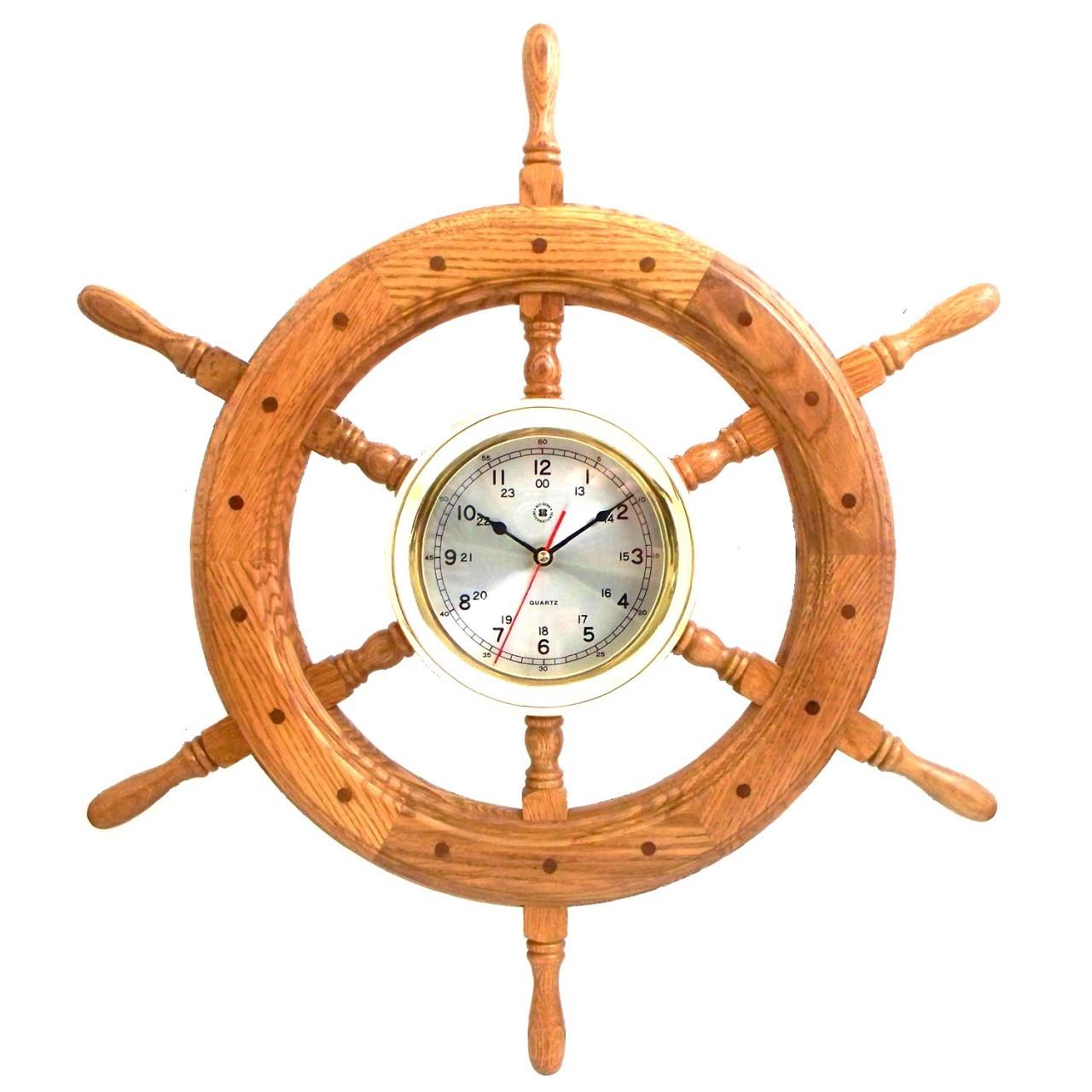 24″ Oak Ship's Wheel With Lacquered Brass Round Quartz Clock – IK